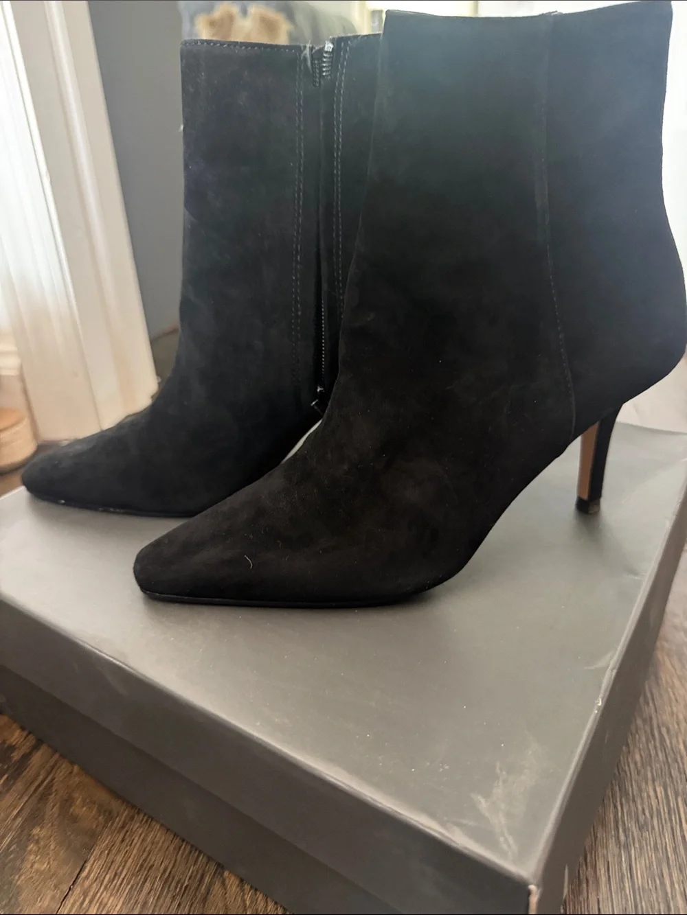 Ann Taylor Black Suede Pointed-Toe Ankle Booties